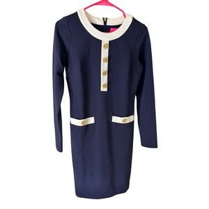 Lilly Pulitzer Kennedy Long Sleeve Shift Dress True Navy Gold Button XS
